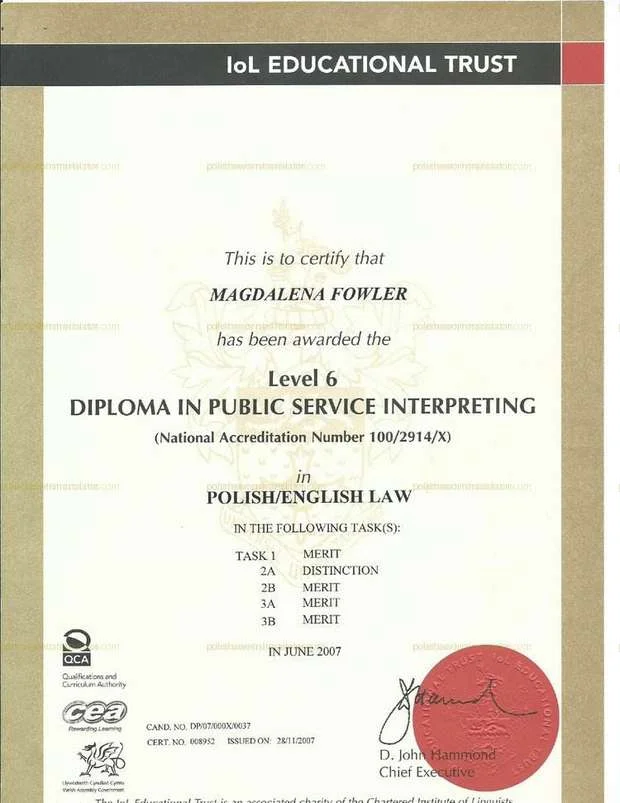 Dyplom DPSI (Diploma in Public Service Interpreting) Level 6, specjalizacja Polish/English Law, Magdalena Fowler — IoL Educational Trust
