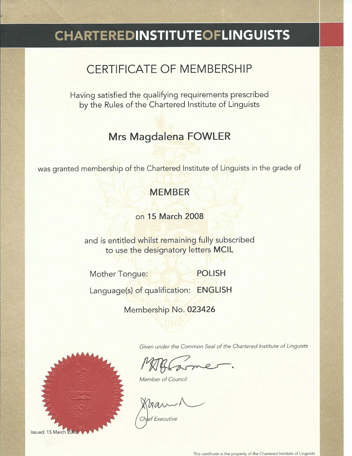 Certyfikat MCIL — Member of the Chartered Institute of Linguists, Magdalena Fowler, numer 023426