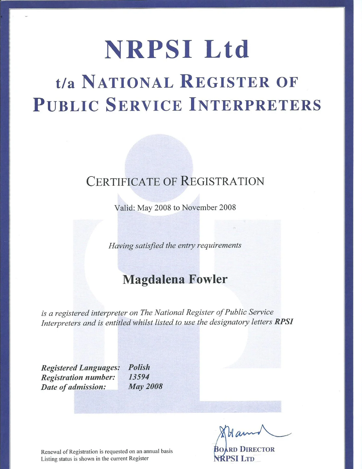 Certyfikat NRPSI — National Register of Public Service Interpreters, Magdalena Fowler, numer 13594